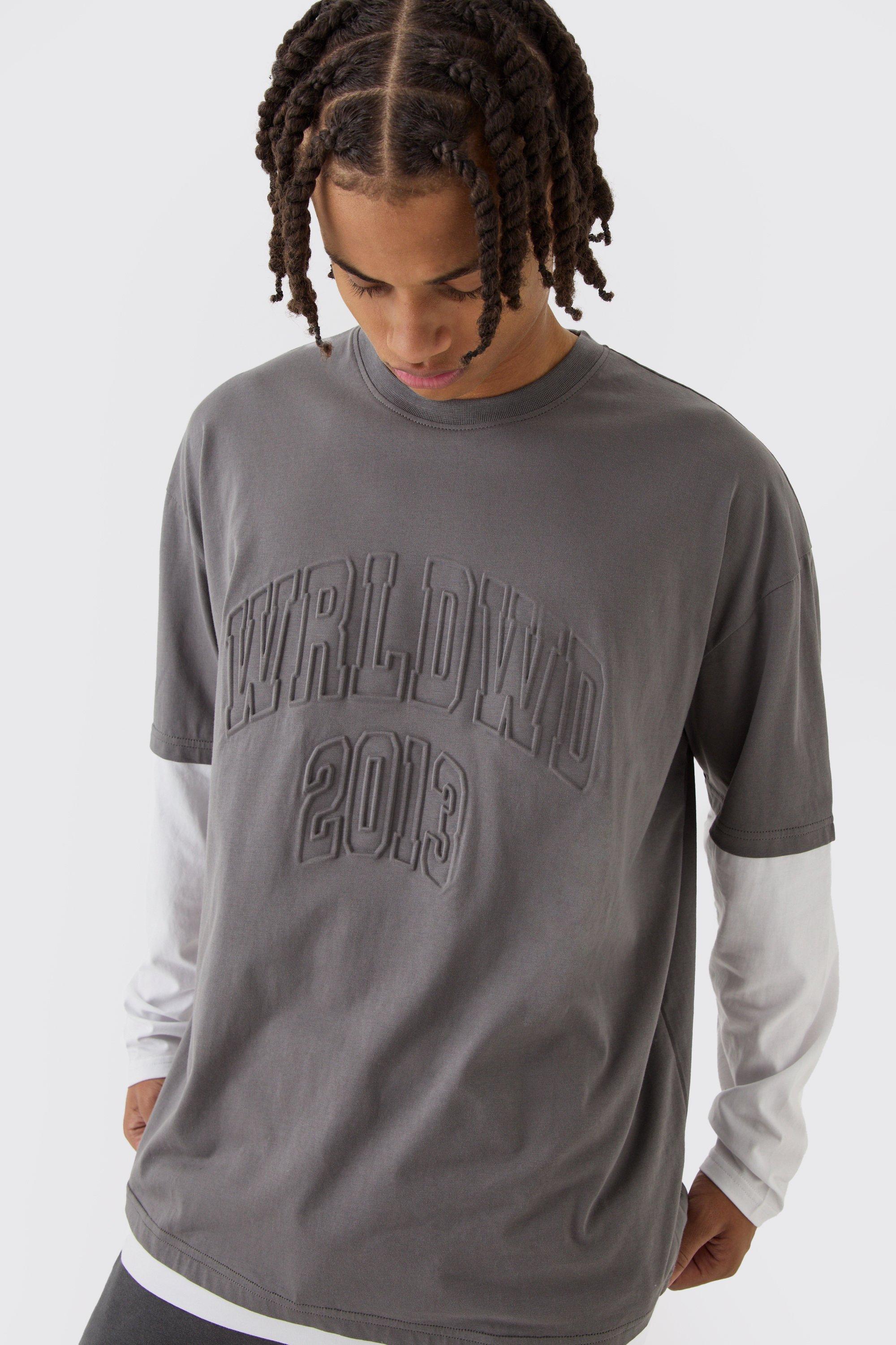 Oversized Faux Layer Varsity Embossed T-Shirt | boohoo USA Oversized Faux Layer Varsity Embossed T-Shirt | boohoo USA